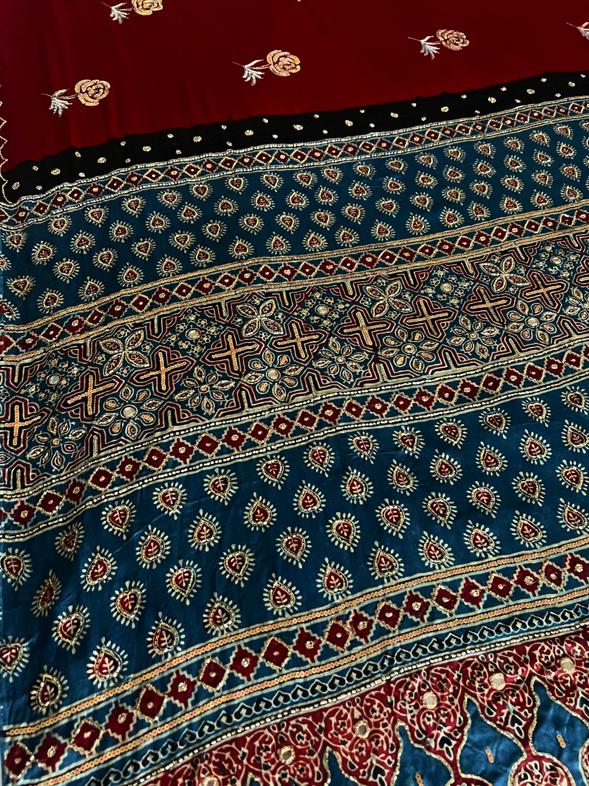 DESIRE ROSE - Pure Modal Ajrakh Hand Embroidered Saree