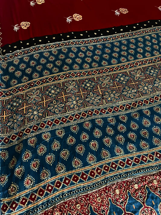 DESIRE ROSE - Pure Modal Ajrakh Hand Embroidered Saree