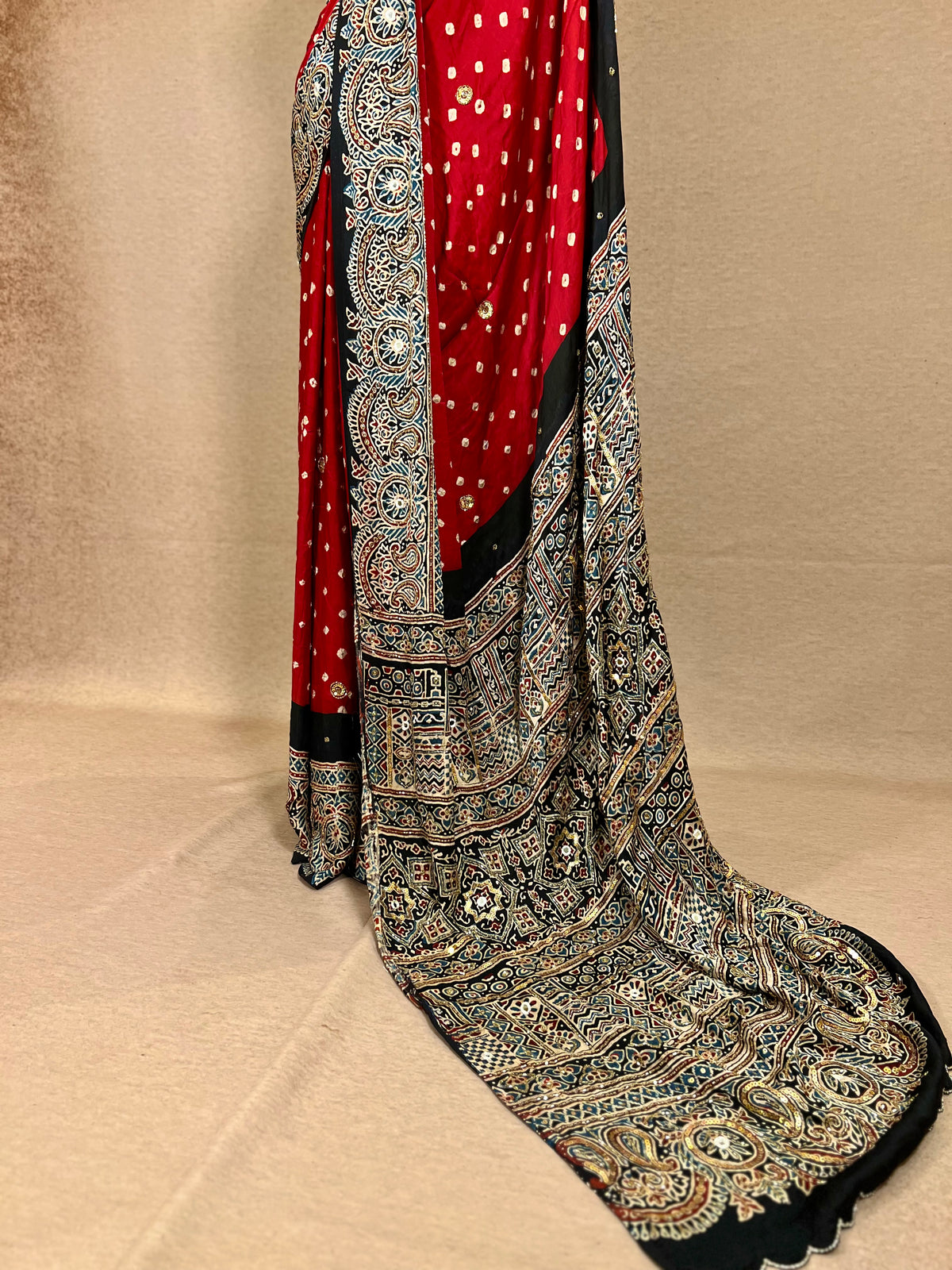 RED SPLENDOUR - Pure Modal Bandhani Ajrakh Hand Embroidered Saree