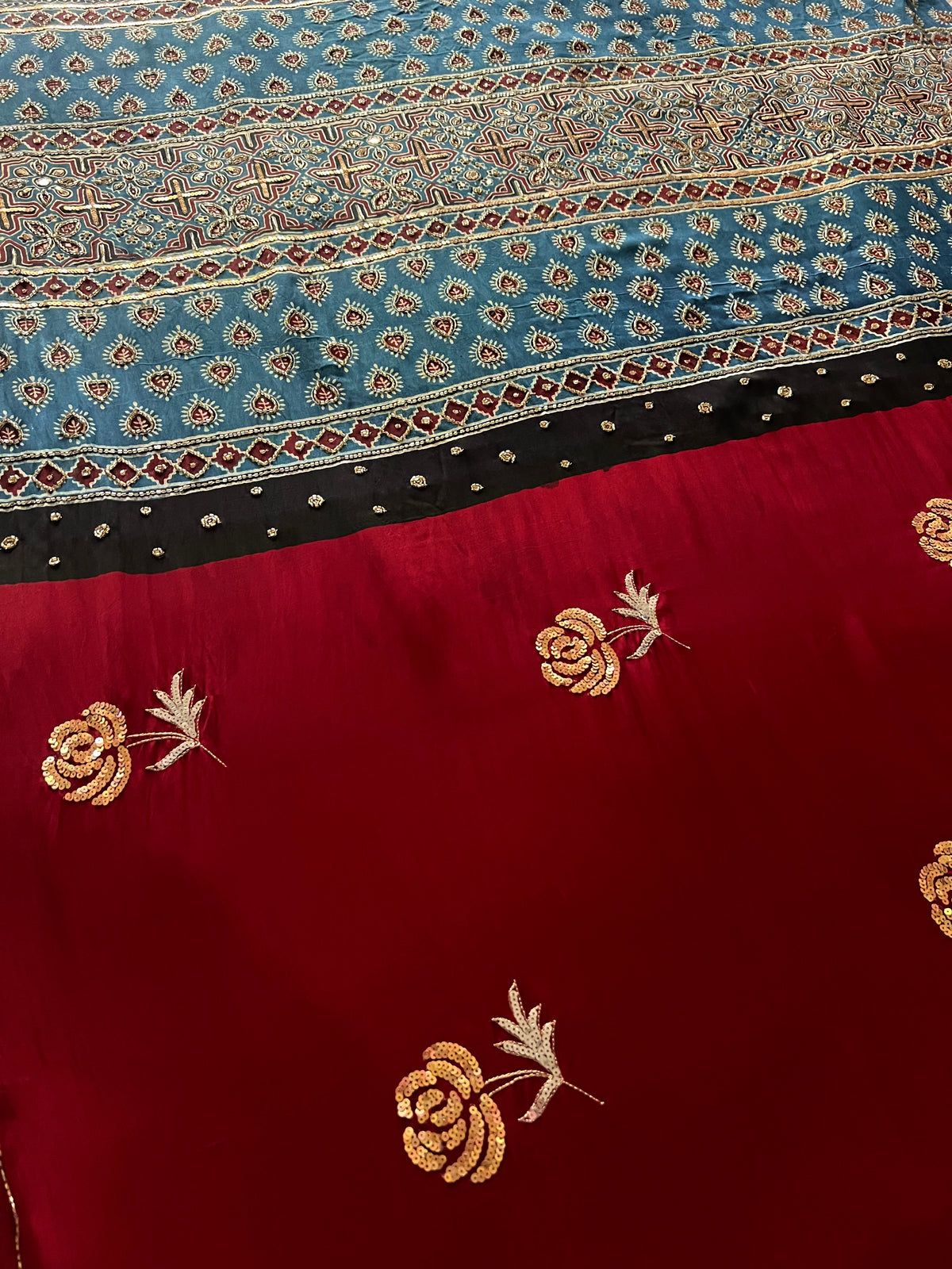 DESIRE ROSE - Pure Modal Ajrakh Hand Embroidered Saree