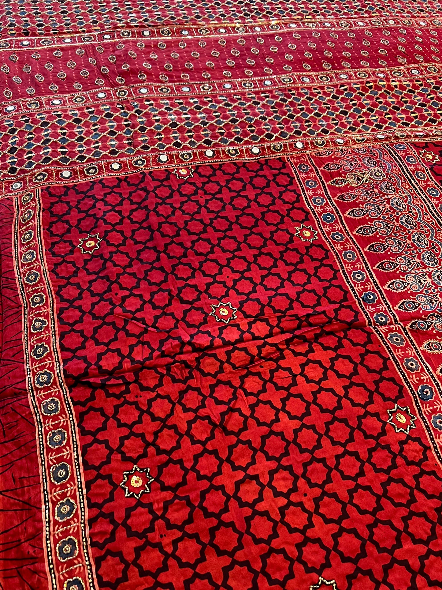 CHERRY BLOOM - Pure Modal Ajrakh Hand Embroidered Saree