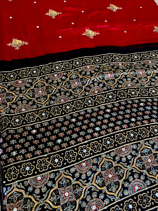 SCARLET ROSE - Pure Modal Ajrakh Hand Embroidered Saree