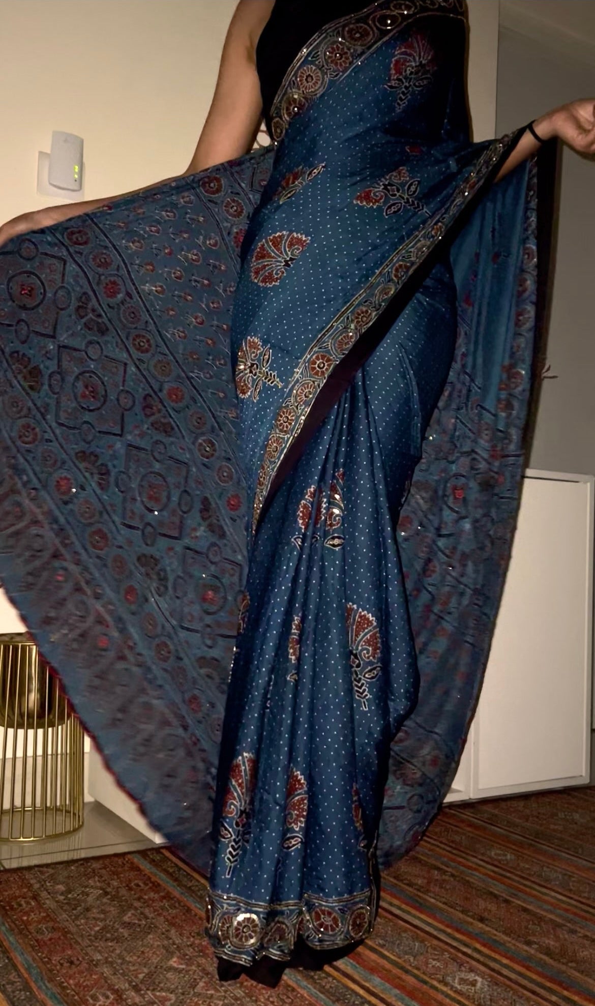 Royal Blossom - Pure Modal Ajrakh Hand Embroidered Saree