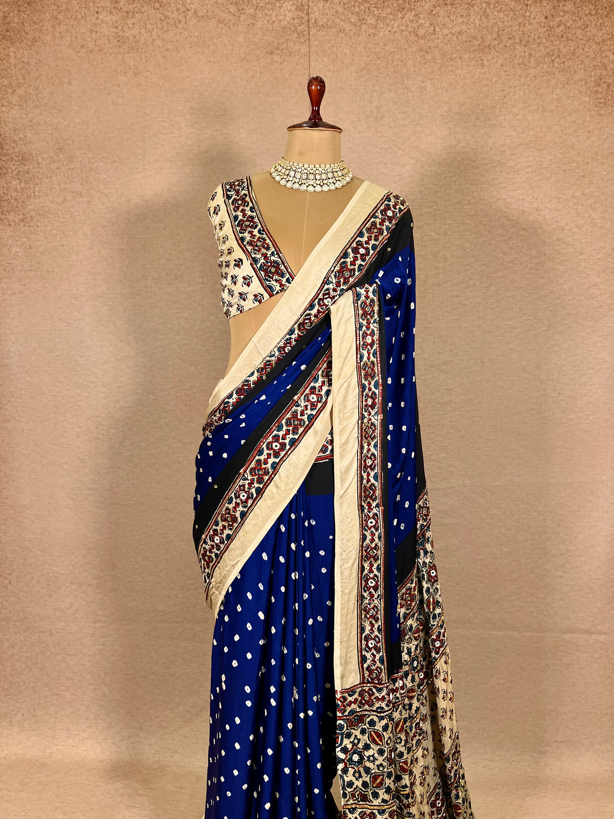 BLUE ROYALTY - Pure Modal Bandhani Ajrakh Hand Embroidered Saree