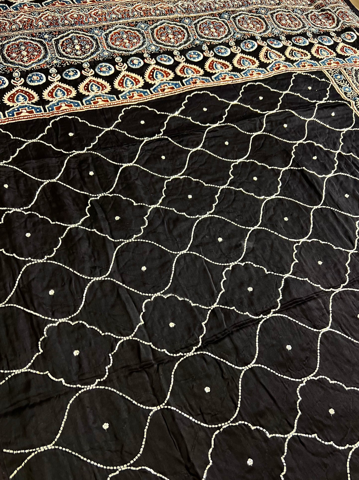 STARRY NIGHT - Pure Modal Ajrakh Hand Embroidered Saree