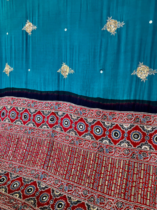 TWINKLE ROSE - Pure Modal Ajrakh Hand Embroidered Saree