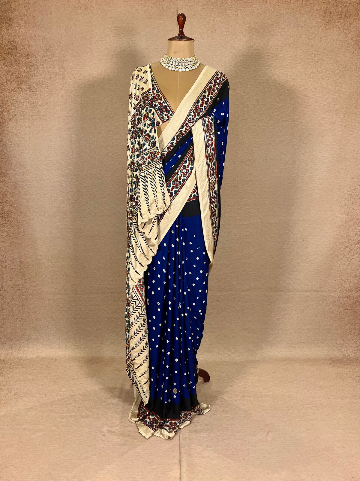 BLUE ROYALTY - Pure Modal Bandhani Ajrakh Hand Embroidered Saree