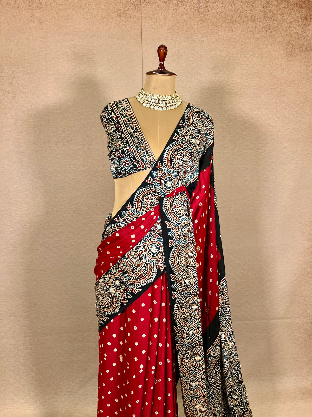 RED SPLENDOUR - Pure Modal Bandhani Ajrakh Hand Embroidered Saree