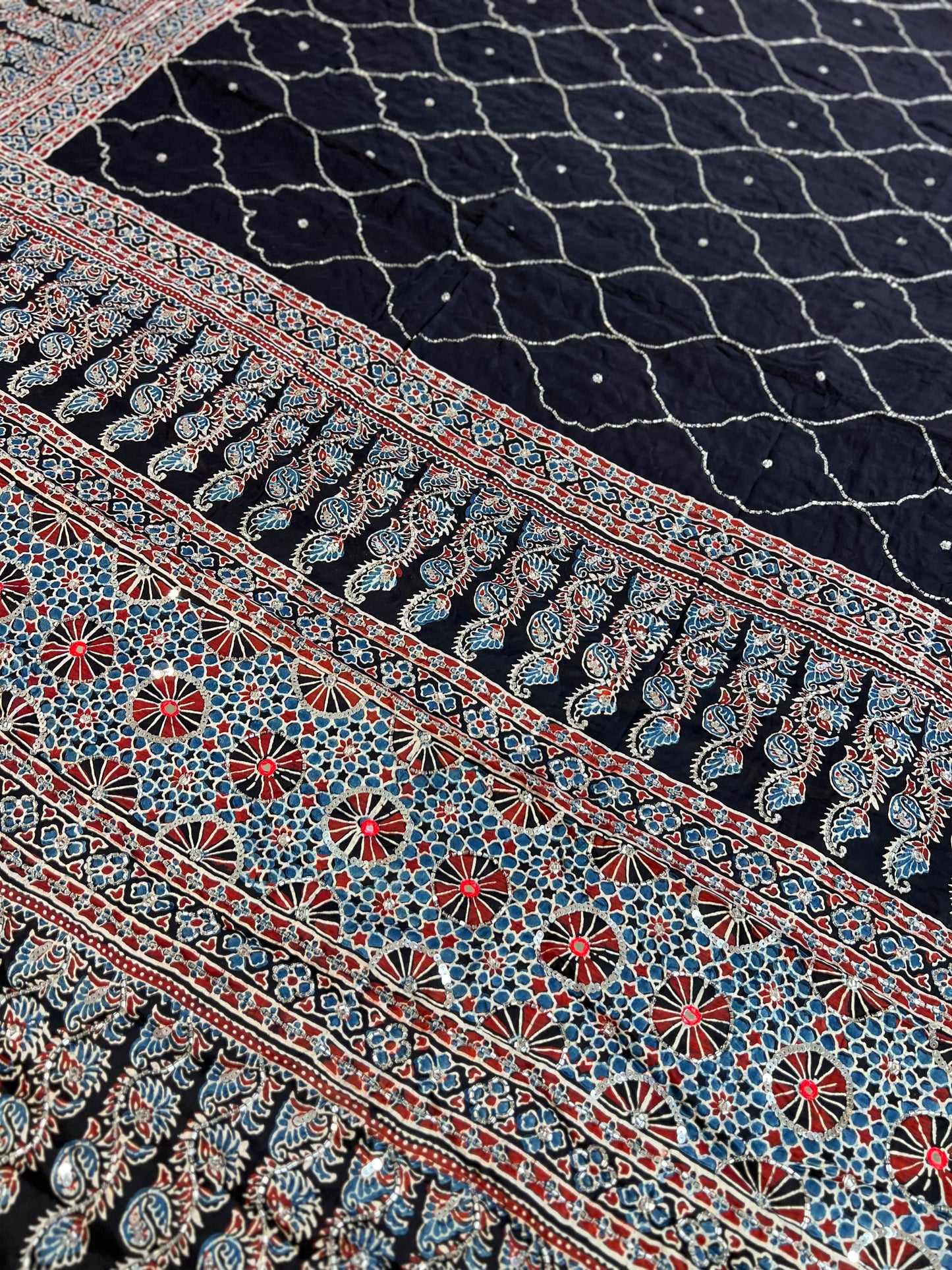 MIDNIGHT IVY - Pure Modal Ajrakh Hand Embroidered Saree