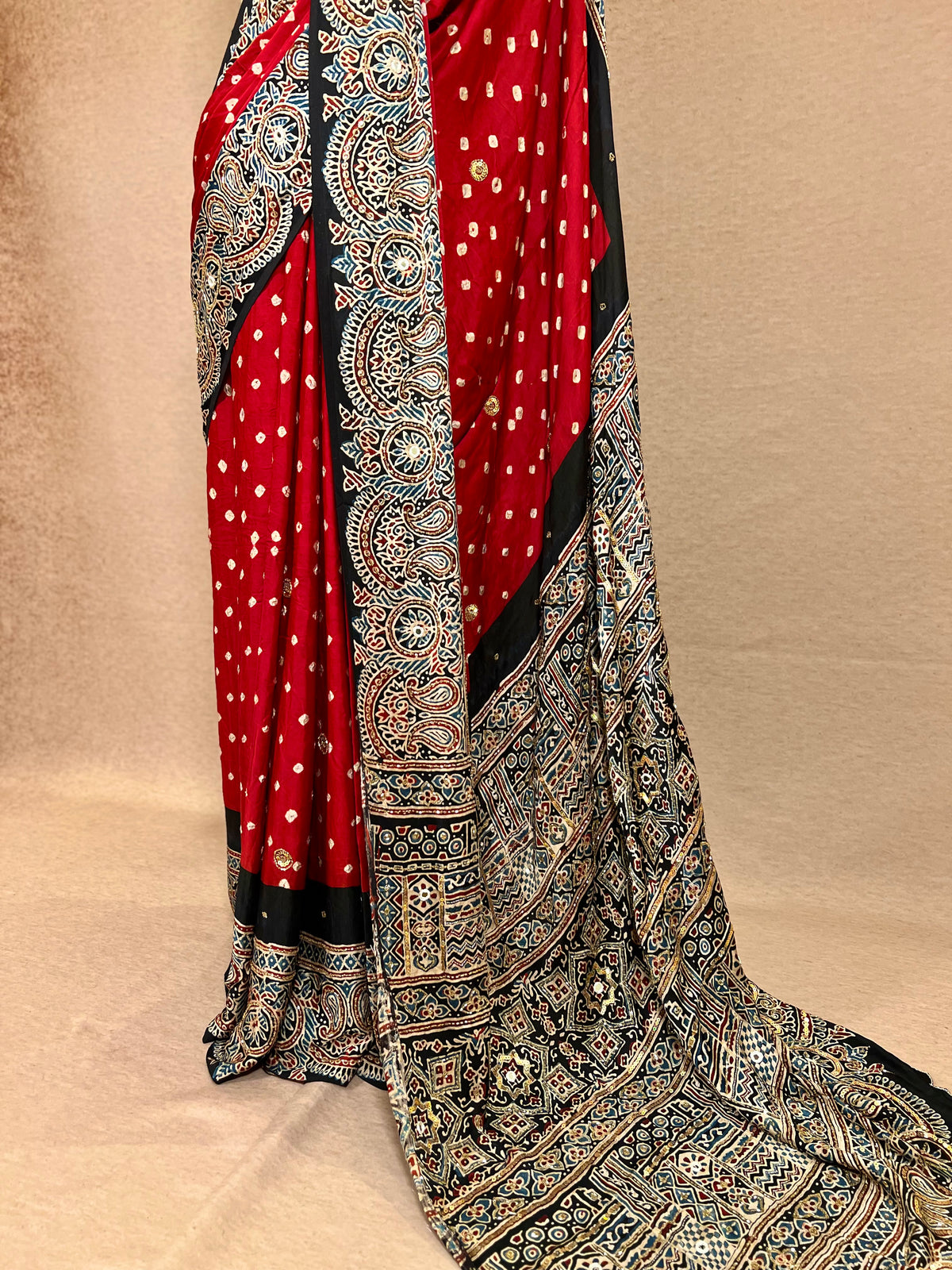 RED SPLENDOUR - Pure Modal Bandhani Ajrakh Hand Embroidered Saree