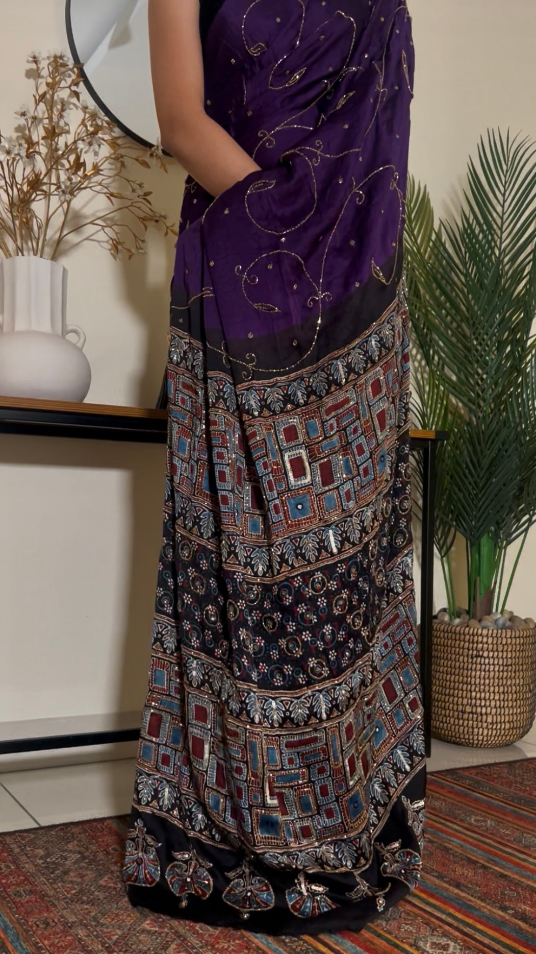 MIDNIGHT AMETHYST - Pure Modal Ajrakh Hand Embroidered Saree