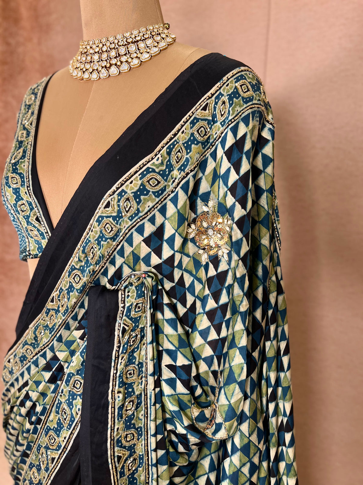LAGOON DREAM - Pure Modal Ajrakh Hand Embroidered Saree