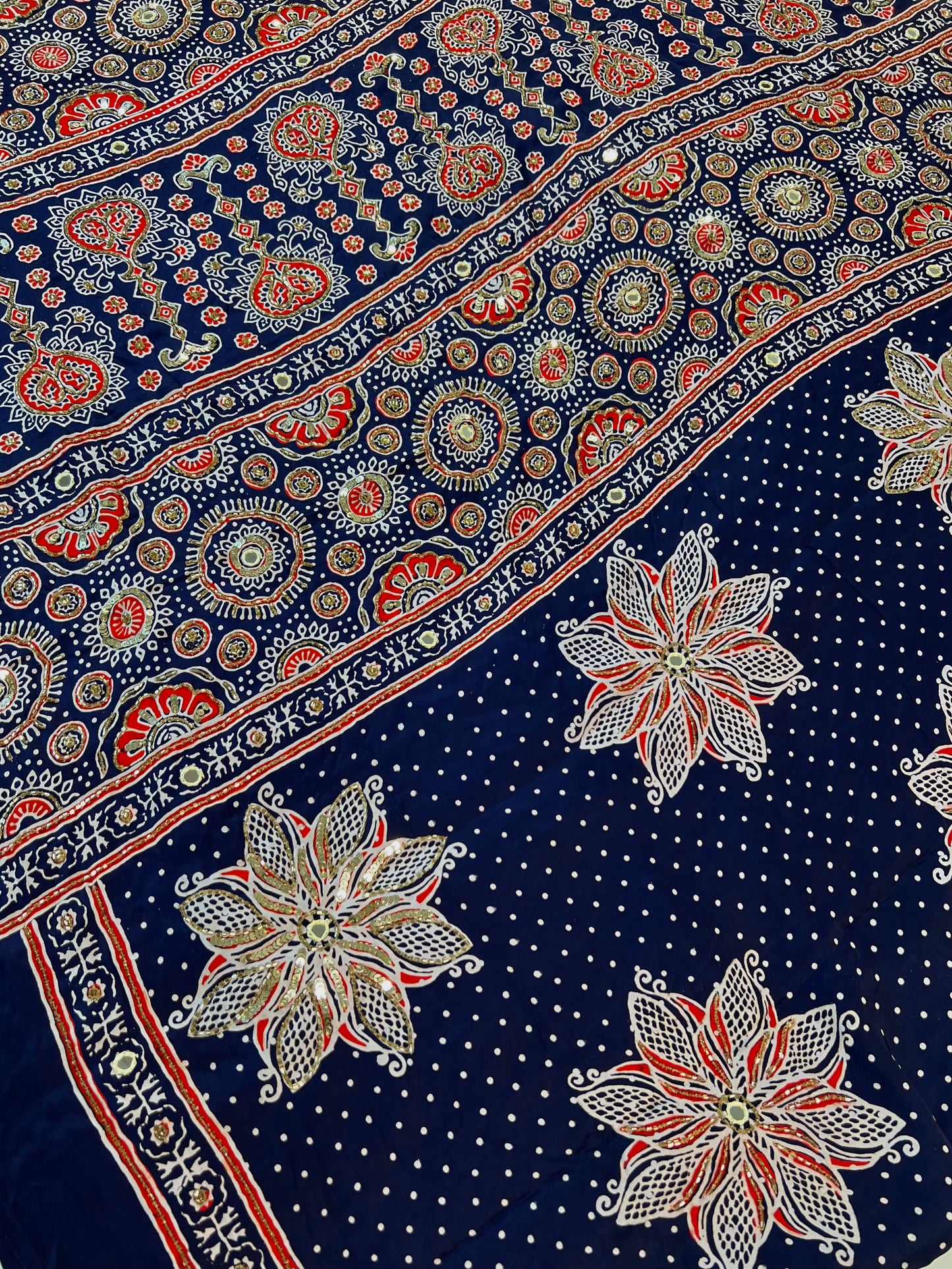 MIDNIGHT BLOSSOM - Pure Modal Ajrakh Hand Embroidered Saree
