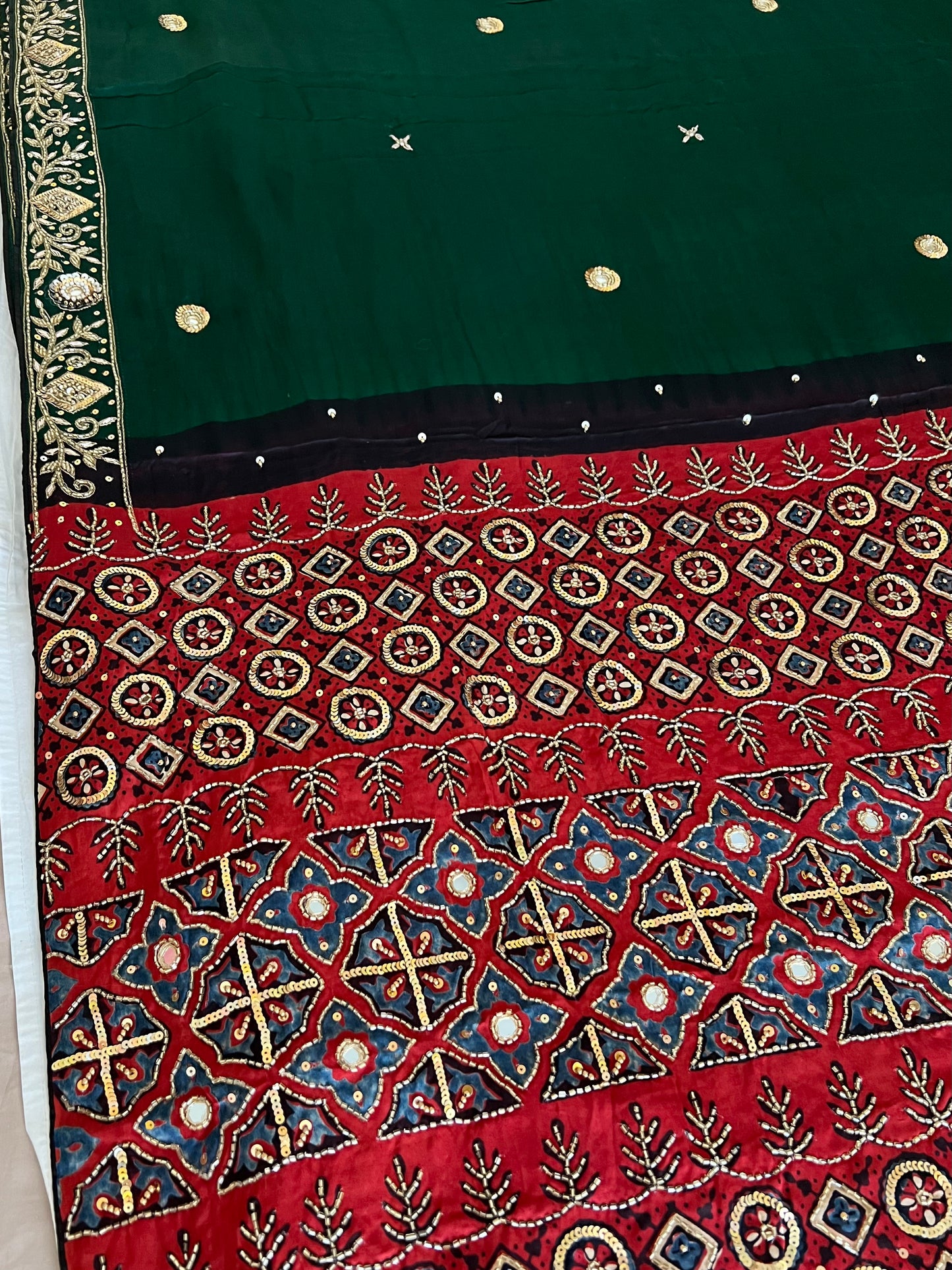 GREEN DESIRE - Pure Modal Ajrakh Hand Embroidered Saree