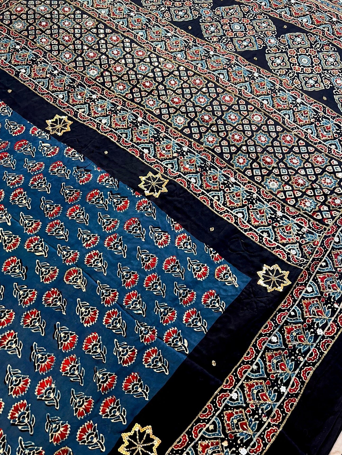 MIDNIGHT FLORAL - Pure Modal Ajrakh Hand Embroidered Saree