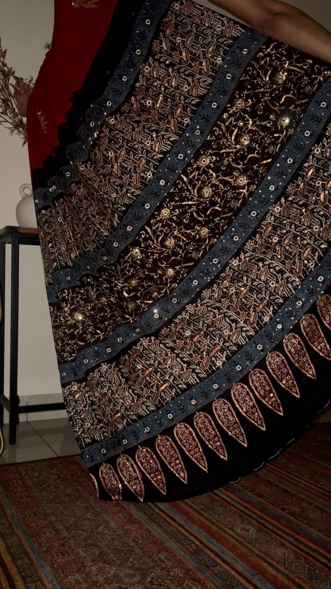 VERMILLION LOTUS - Pure Modal Ajrakh Hand Embroidered Saree