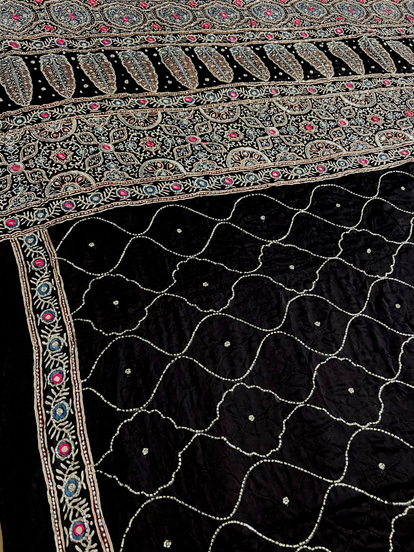 MIDNIGHT GALAXY - Pure Modal Ajrakh Hand Embroidered Saree