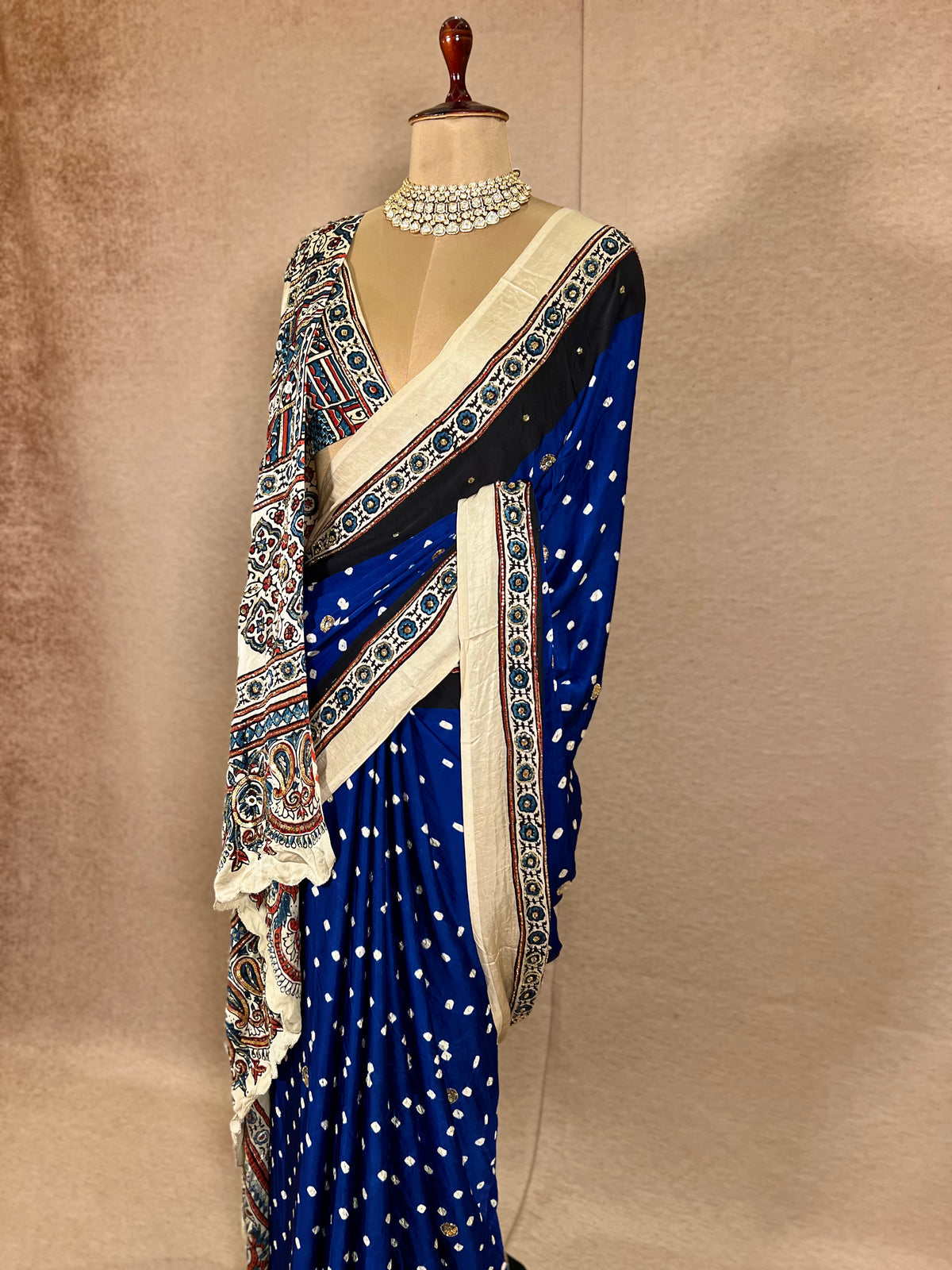 BLUE GRANDUER - Pure Modal Bandhani Ajrakh Hand Embroidered Saree