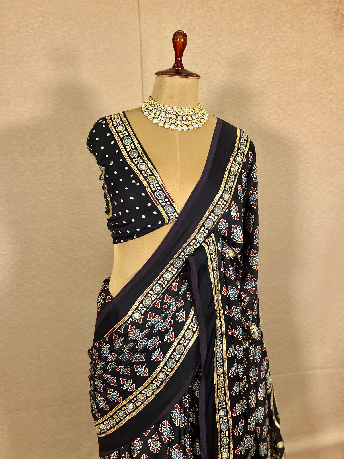 SPARKLE BLOOM - Pure Modal Ajrakh Hand Embroidered Saree
