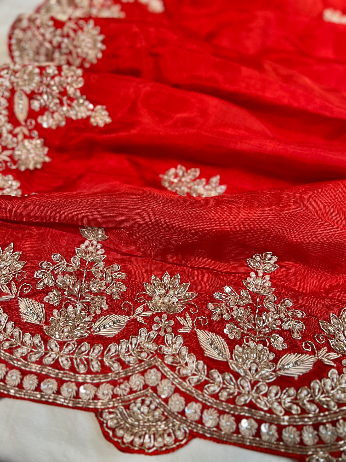Orange - Red Ombré Zardosi Embroidered Crepe Designer Saree with Unstitched Blouse
