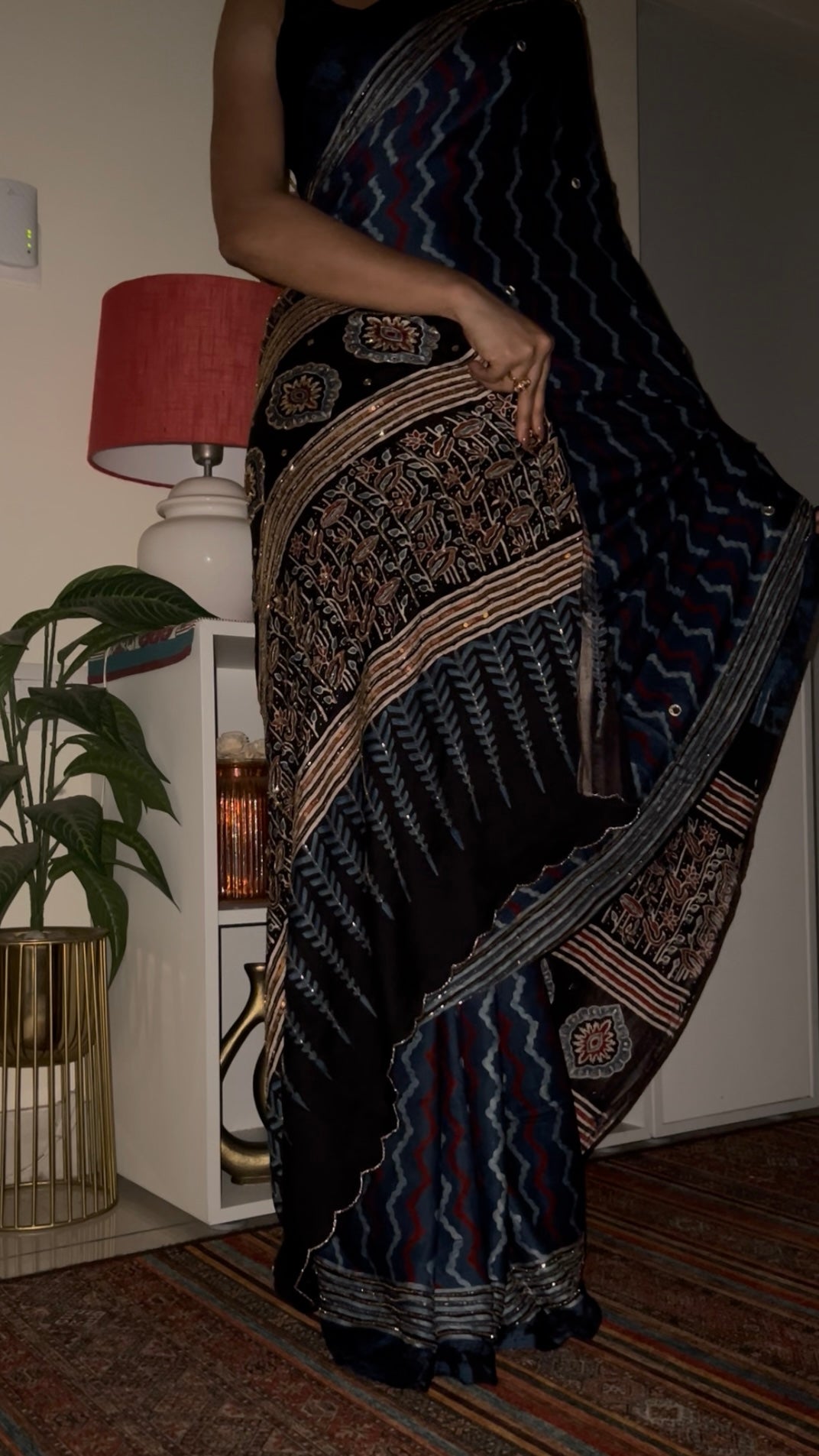 BLUE MIRAGE - Pure Modal Ajrakh Hand Embroidered Saree