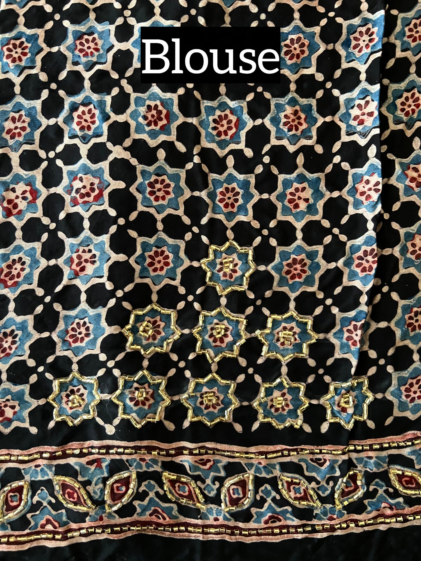 LUNAR BLOOM - Pure Modal Ajrakh Hand Embroidered Saree