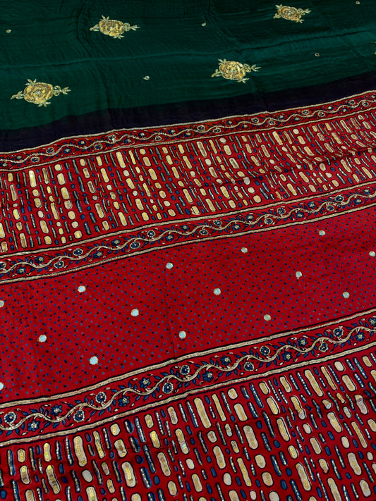 SERENE ROSE - Pure Modal Ajrakh Hand Embroidered Saree