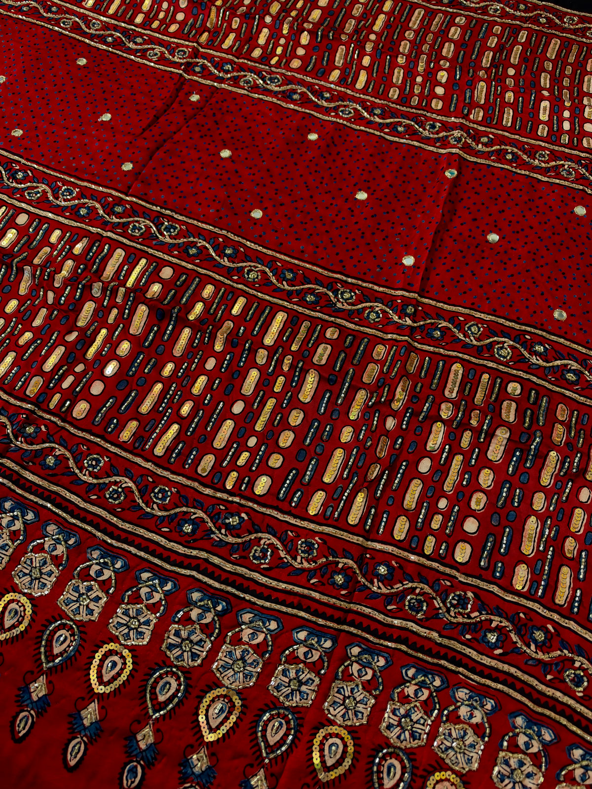 SERENE ROSE - Pure Modal Ajrakh Hand Embroidered Saree