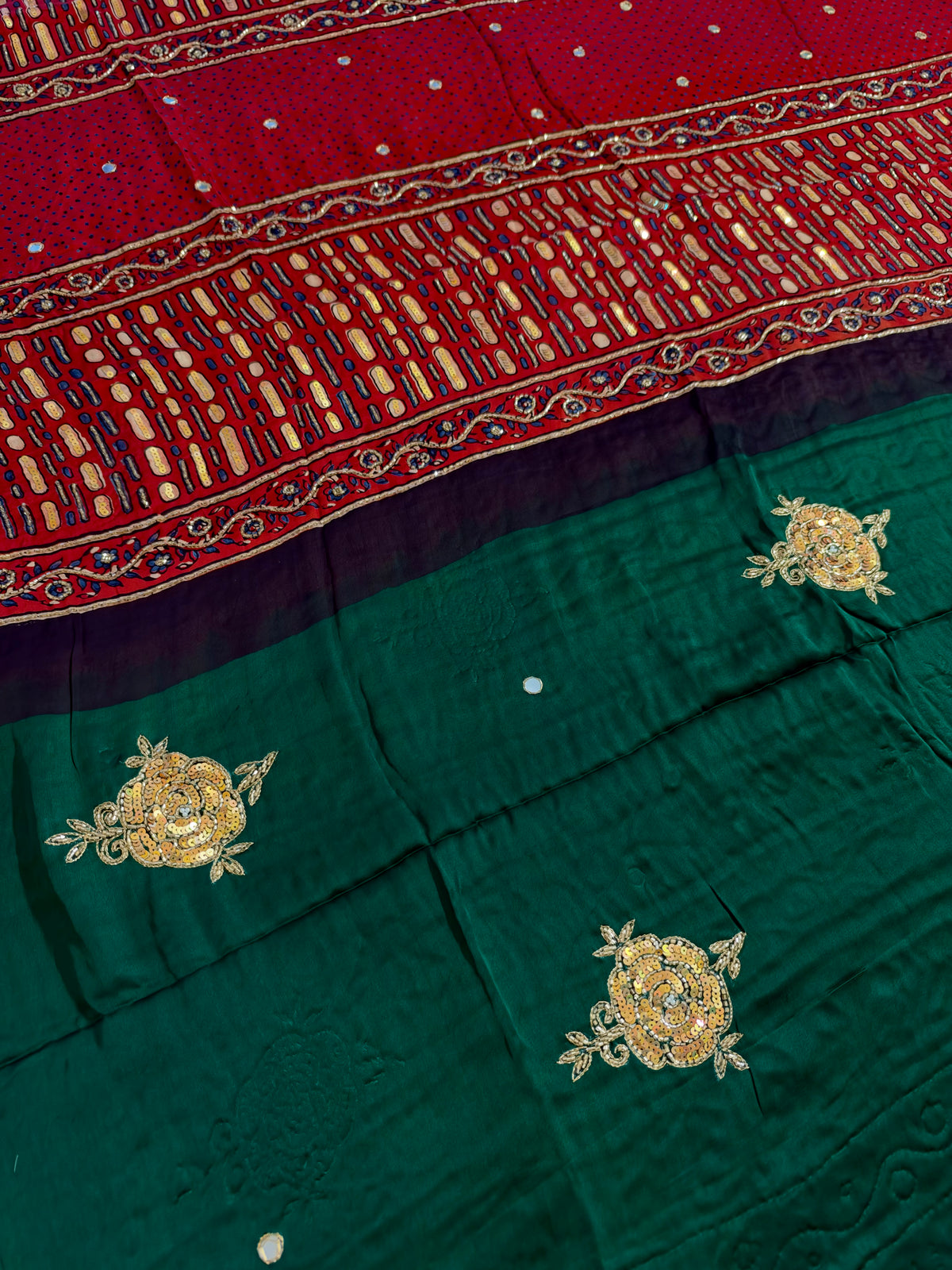 SERENE ROSE - Pure Modal Ajrakh Hand Embroidered Saree