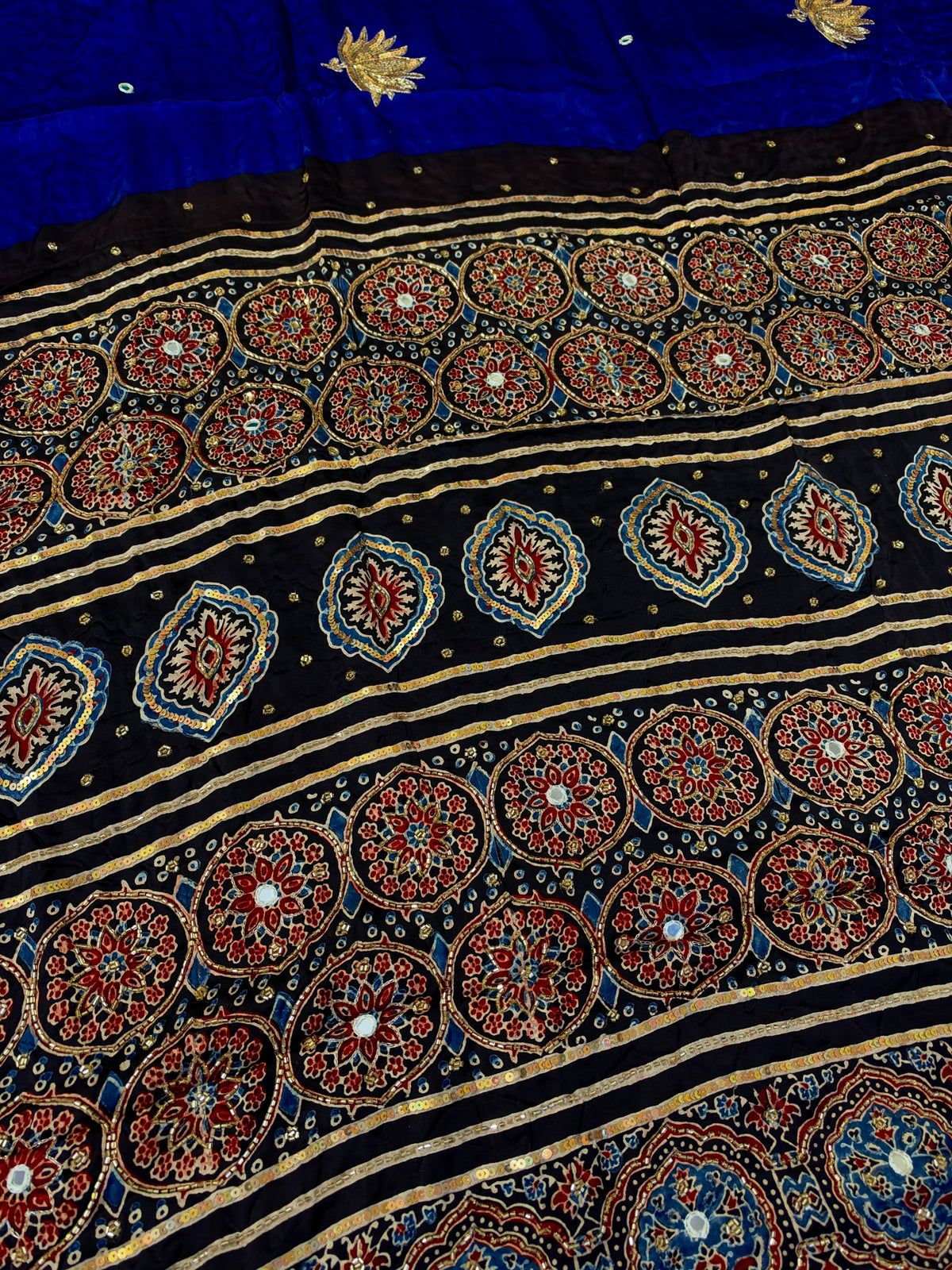 COBALT LOTUS - Pure Modal Ajrakh Hand Embroidered Saree