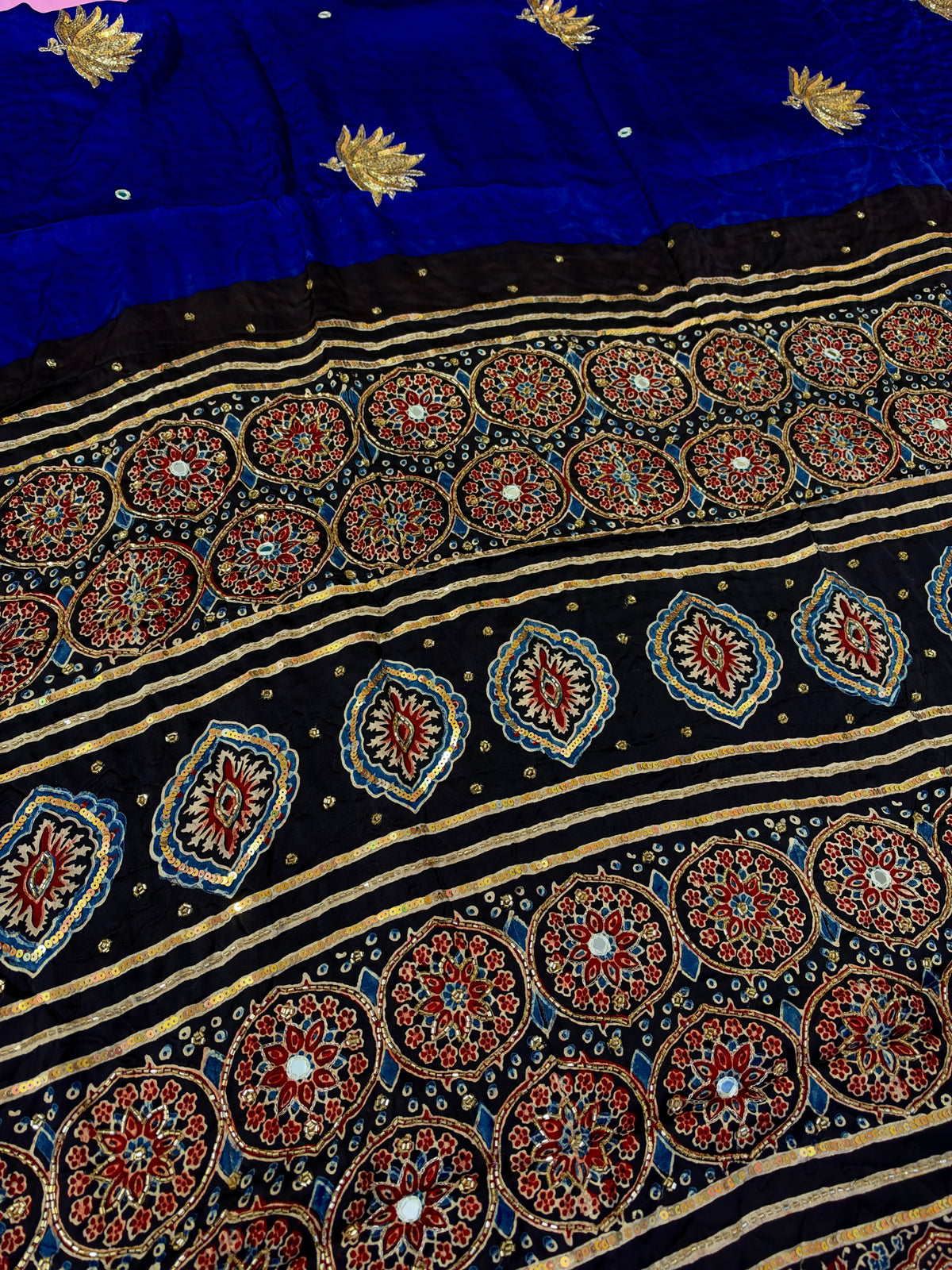 COBALT LOTUS - Pure Modal Ajrakh Hand Embroidered Saree