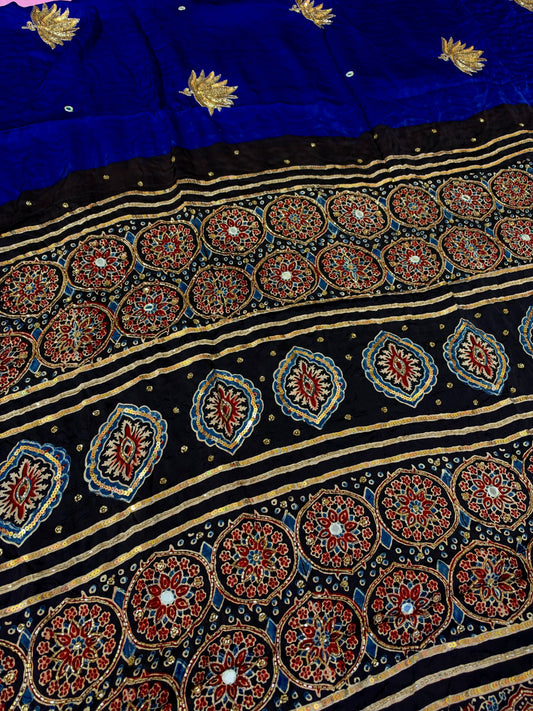 COBALT LOTUS - Pure Modal Ajrakh Hand Embroidered Saree