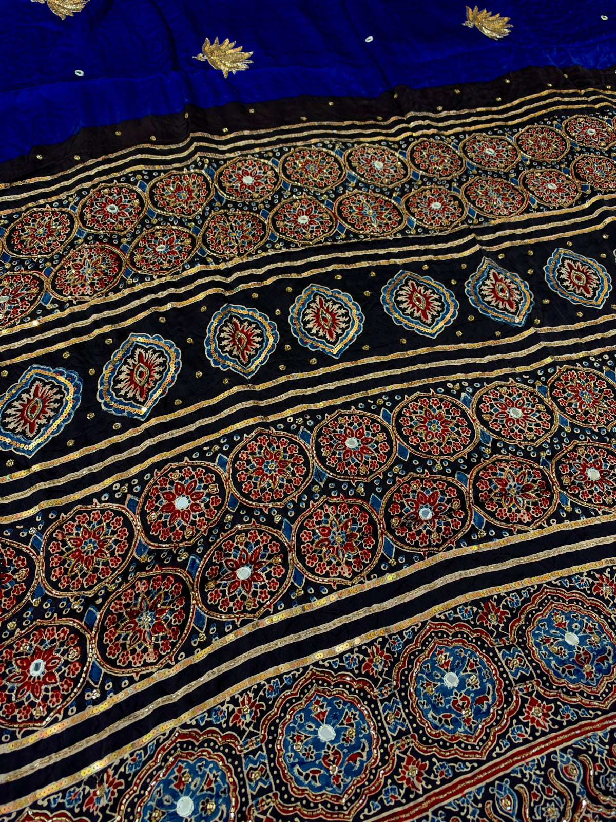 COBALT LOTUS - Pure Modal Ajrakh Hand Embroidered Saree