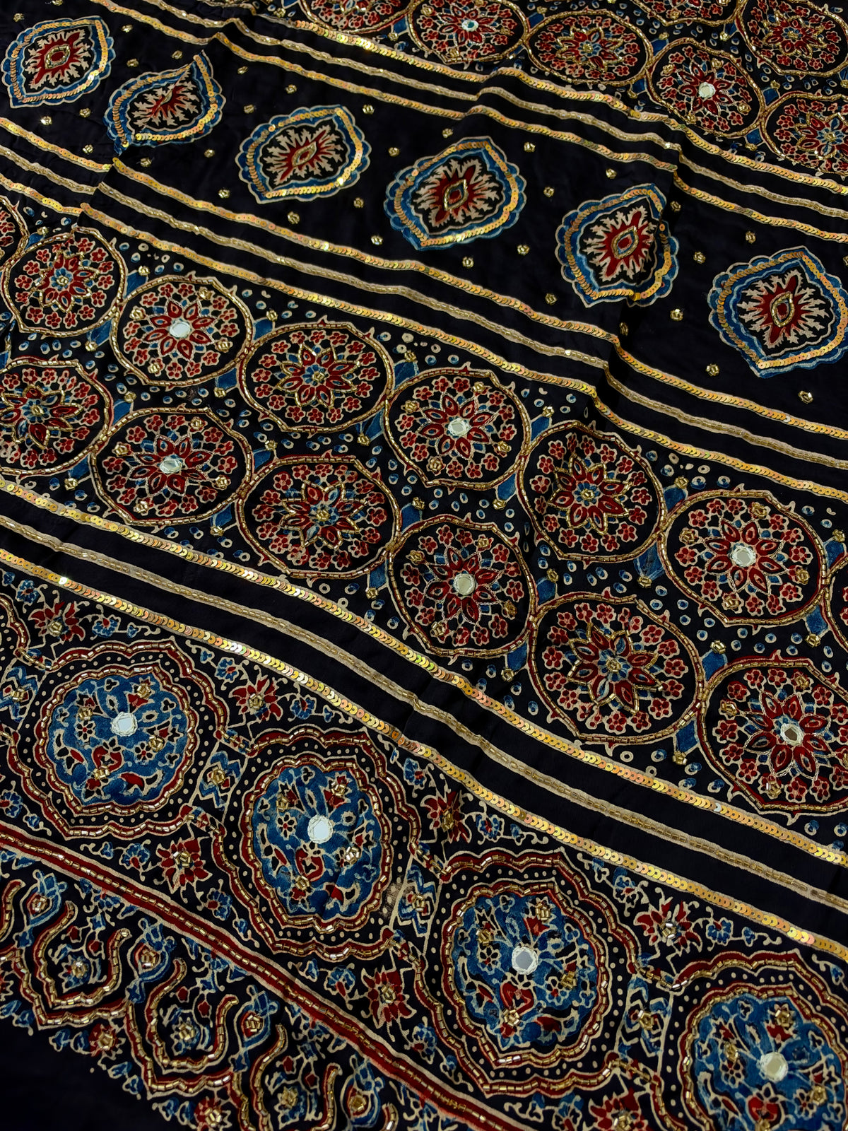 COBALT LOTUS - Pure Modal Ajrakh Hand Embroidered Saree
