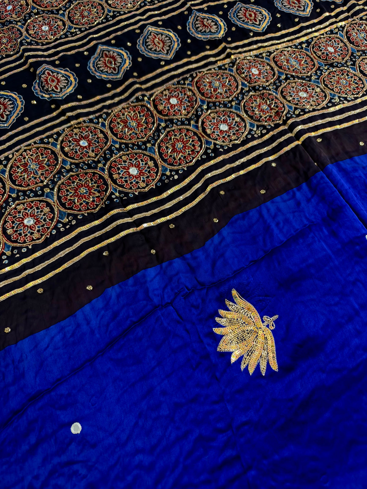 COBALT LOTUS - Pure Modal Ajrakh Hand Embroidered Saree
