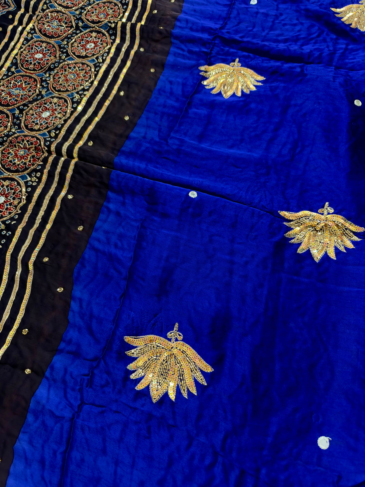 COBALT LOTUS - Pure Modal Ajrakh Hand Embroidered Saree