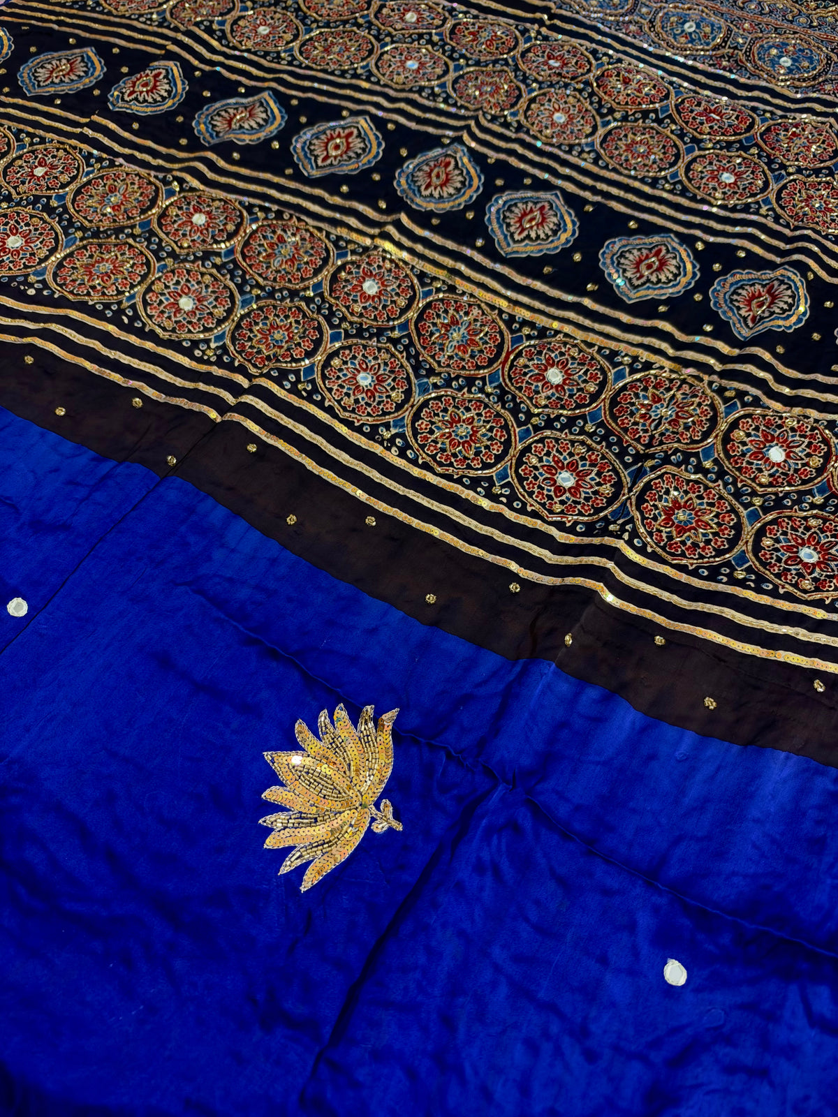 COBALT LOTUS - Pure Modal Ajrakh Hand Embroidered Saree