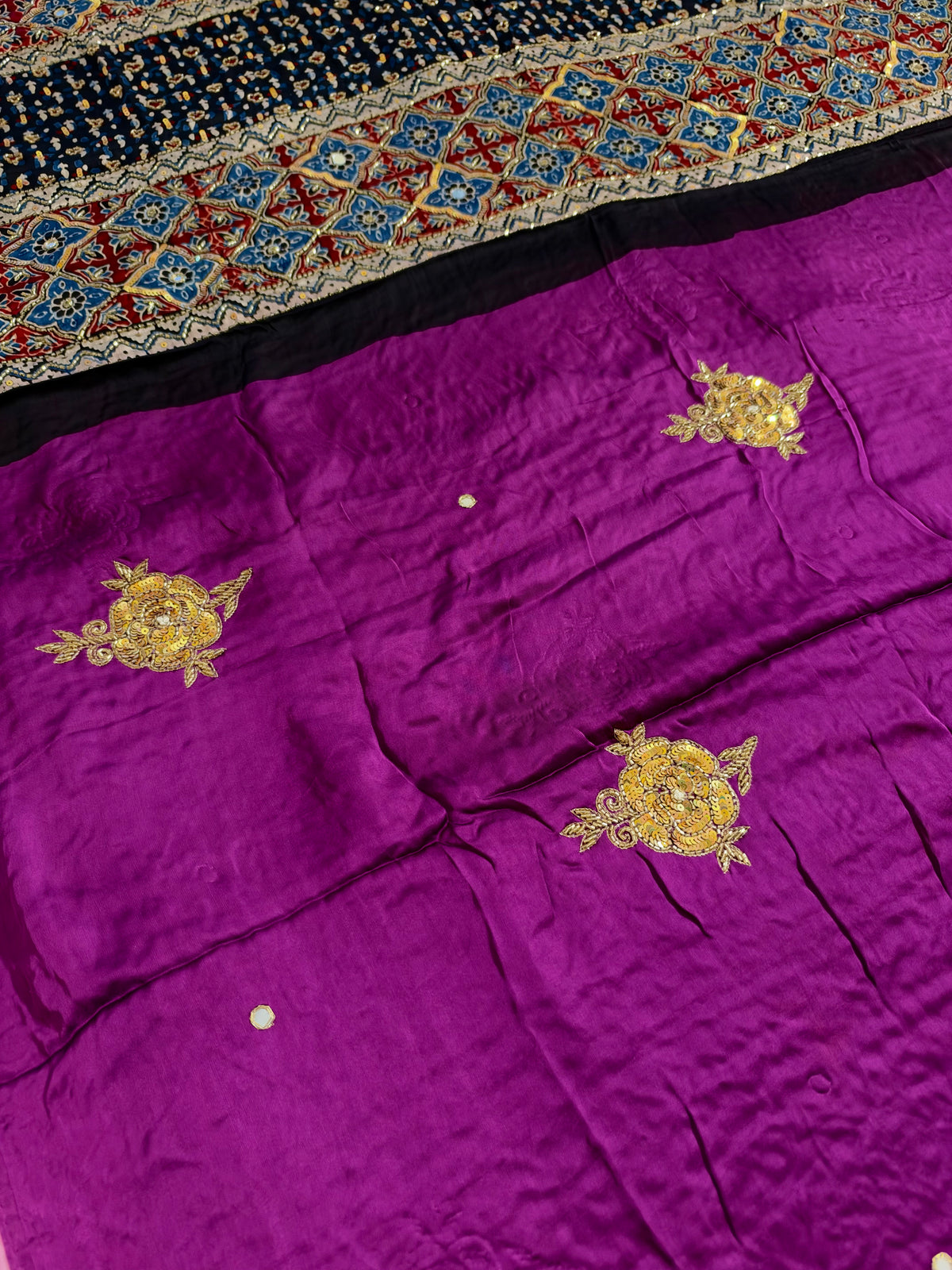NEW BERRY ROSE - Pure Modal Ajrakh Hand Embroidered Saree