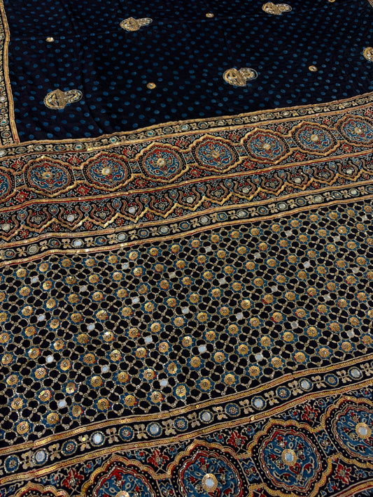 JEWEL FEVER - Pure Modal Ajrakh Hand Embroidered Saree
