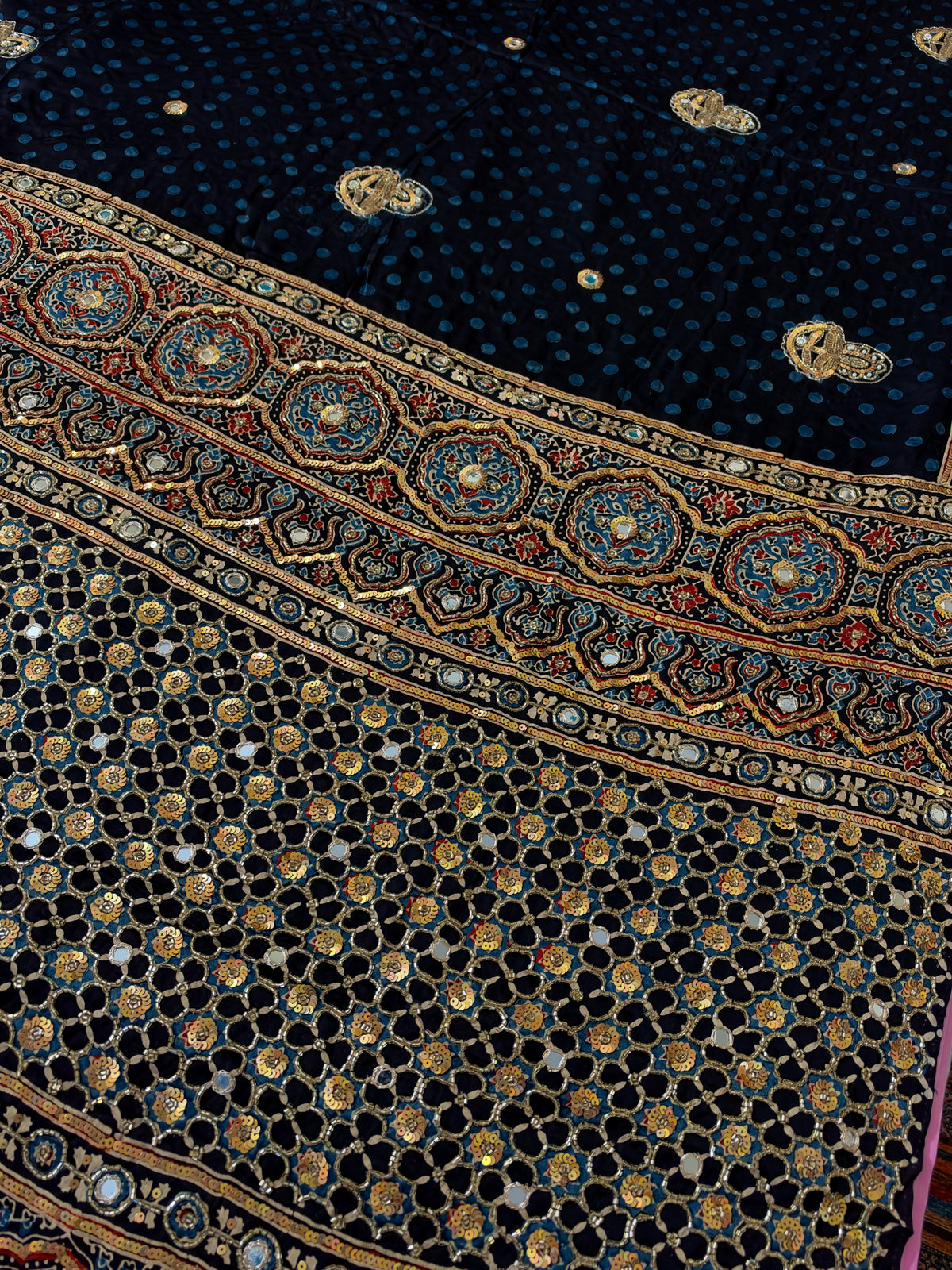 JEWEL FEVER - Pure Modal Ajrakh Hand Embroidered Saree