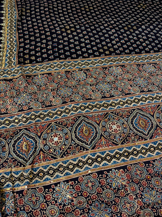 GILDED BLOOM - Pure Modal Ajrakh Hand Embroidered Saree
