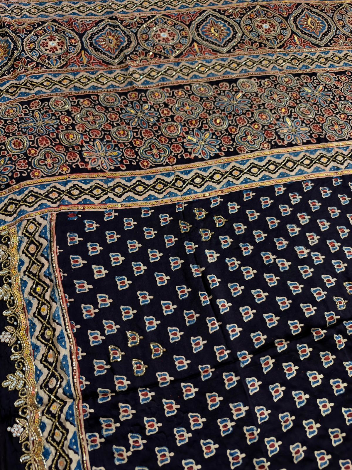 GILDED BLOOM - Pure Modal Ajrakh Hand Embroidered Saree