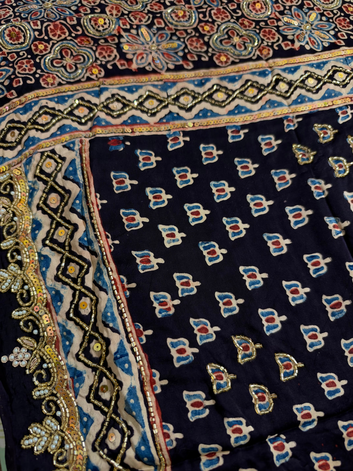 GILDED BLOOM - Pure Modal Ajrakh Hand Embroidered Saree