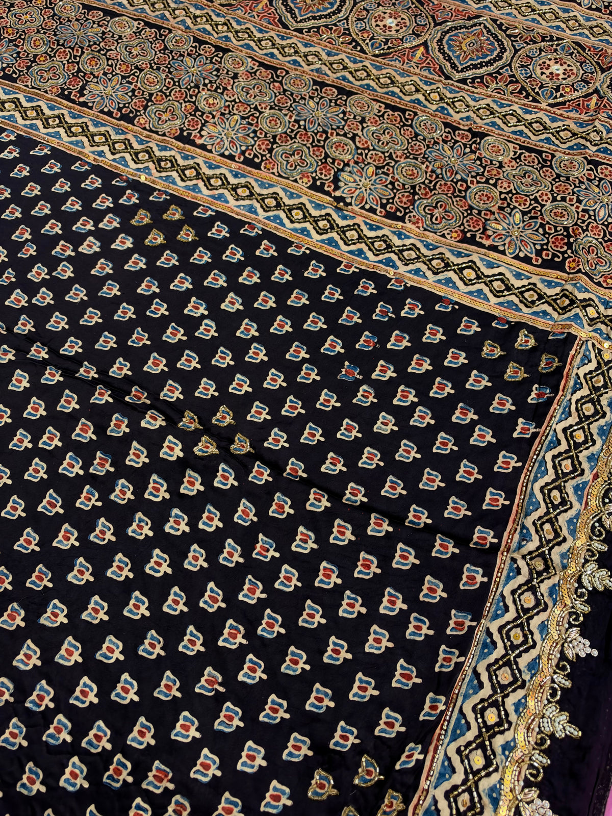 GILDED BLOOM - Pure Modal Ajrakh Hand Embroidered Saree