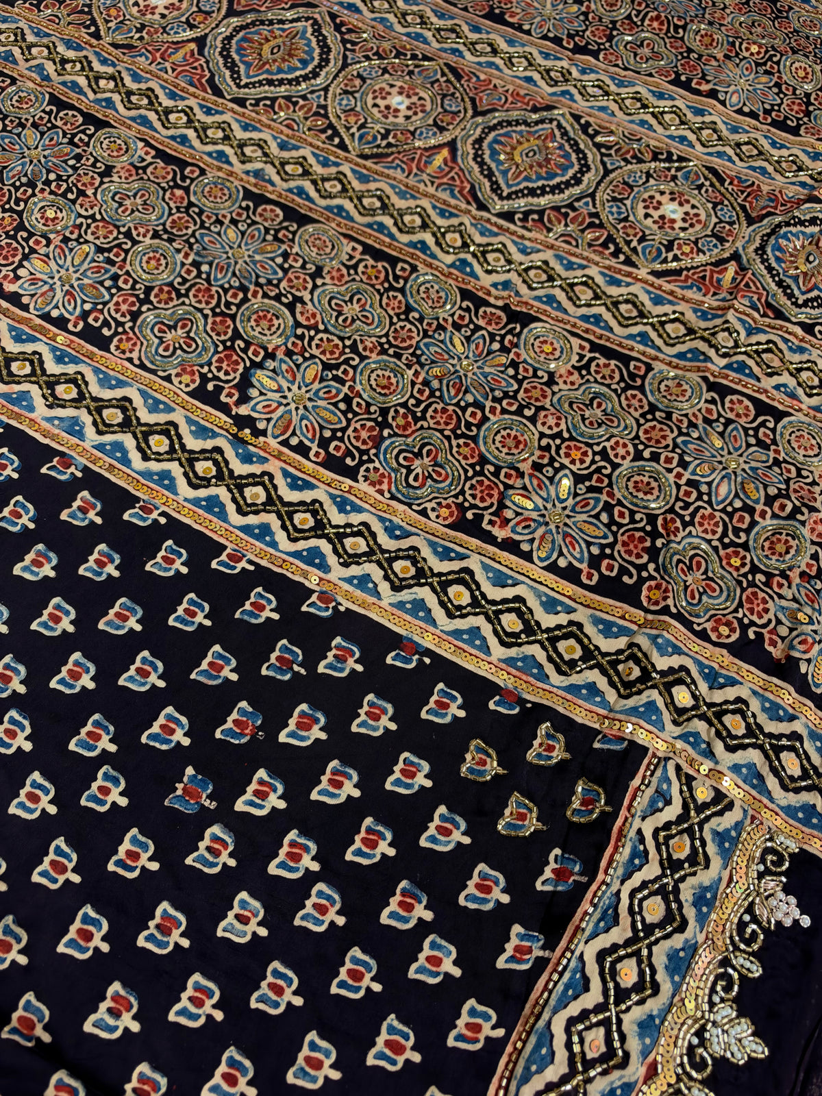 GILDED BLOOM - Pure Modal Ajrakh Hand Embroidered Saree