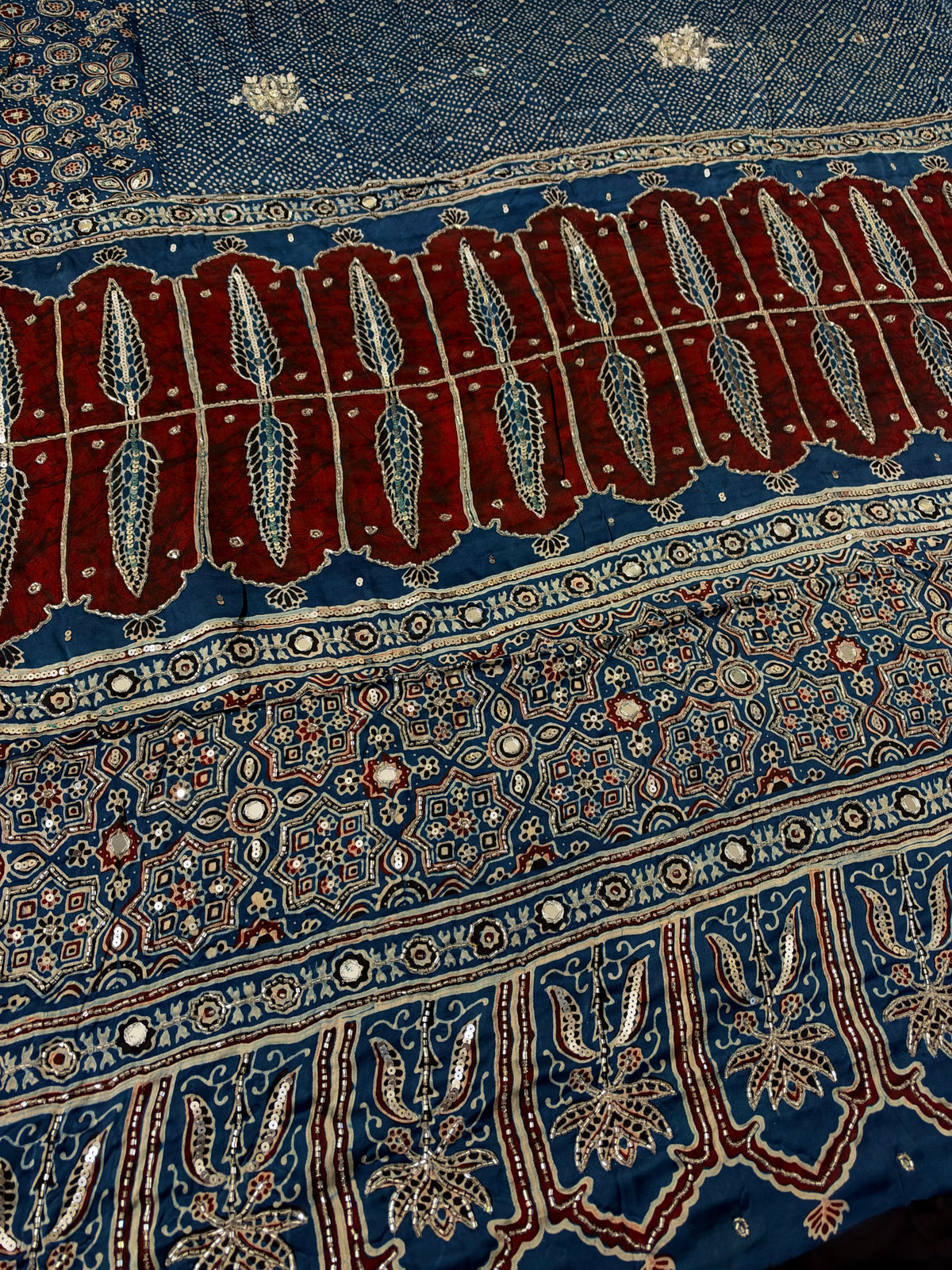 CORNFLOWER BLOOM - Pure Modal Ajrakh Hand Embroidered Saree