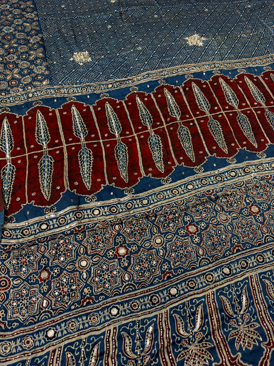 CORNFLOWER BLOOM - Pure Modal Ajrakh Hand Embroidered Saree