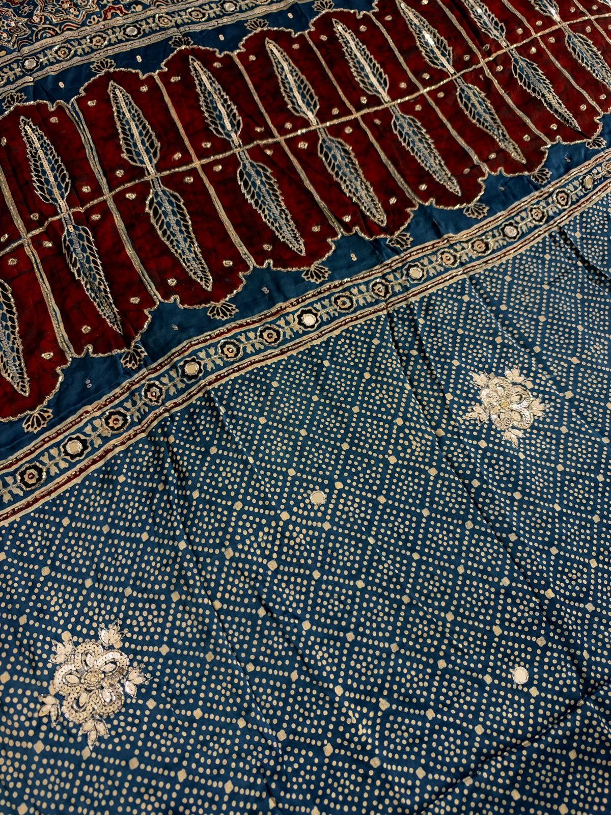 CORNFLOWER BLOOM - Pure Modal Ajrakh Hand Embroidered Saree