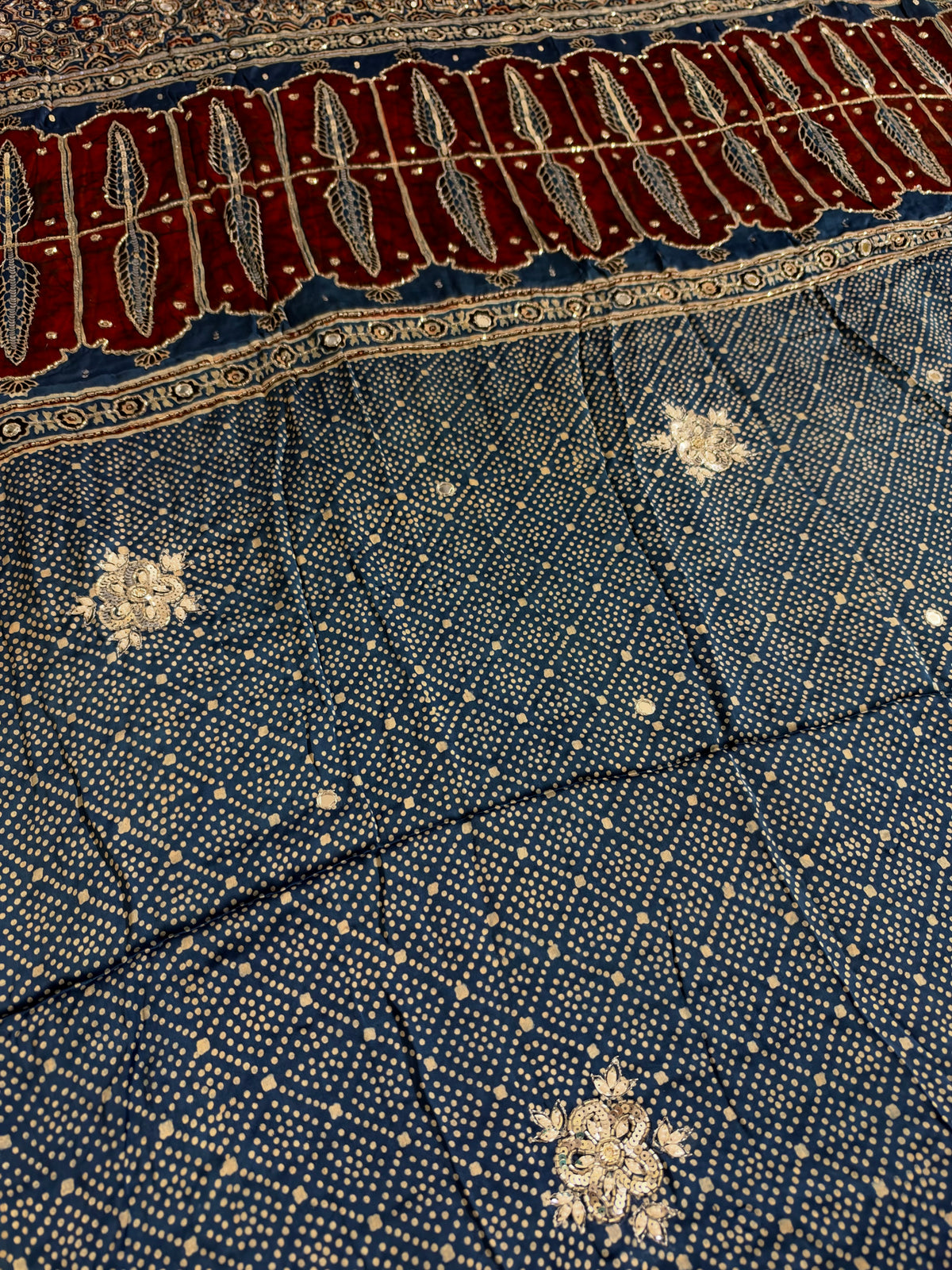 CORNFLOWER BLOOM - Pure Modal Ajrakh Hand Embroidered Saree