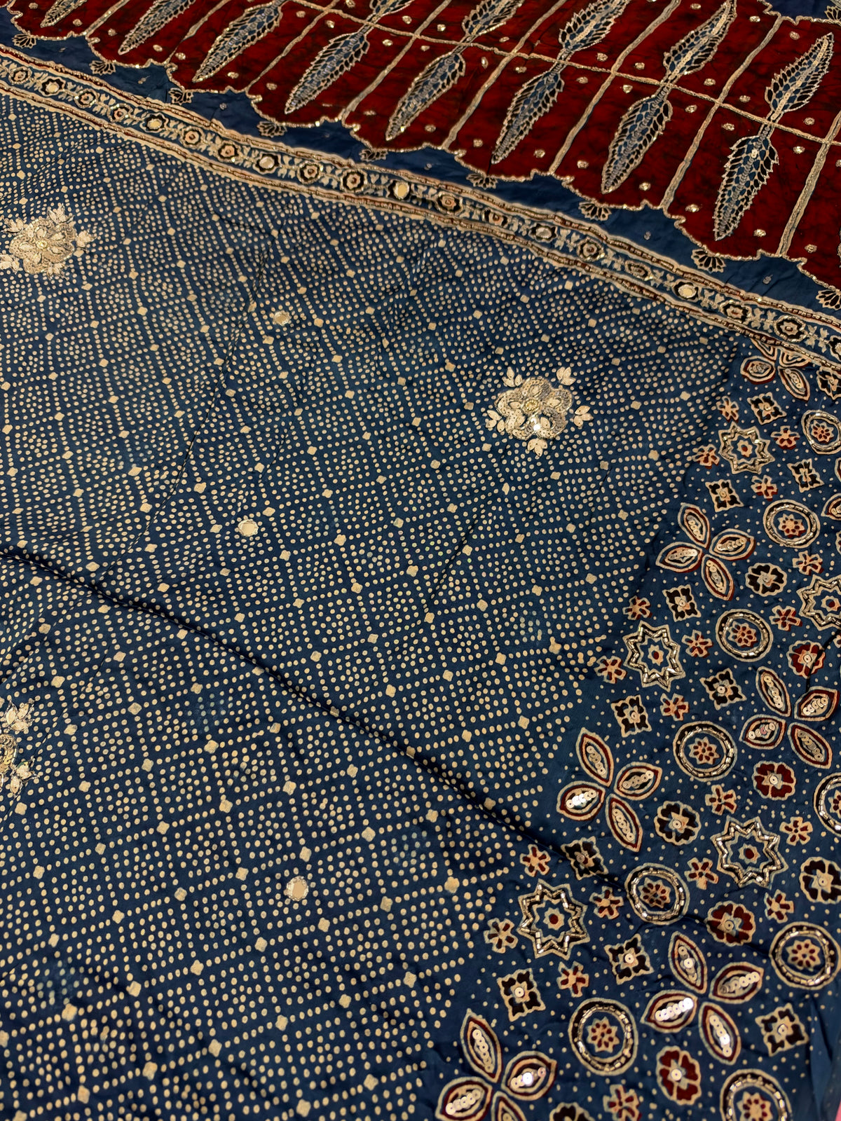 CORNFLOWER BLOOM - Pure Modal Ajrakh Hand Embroidered Saree